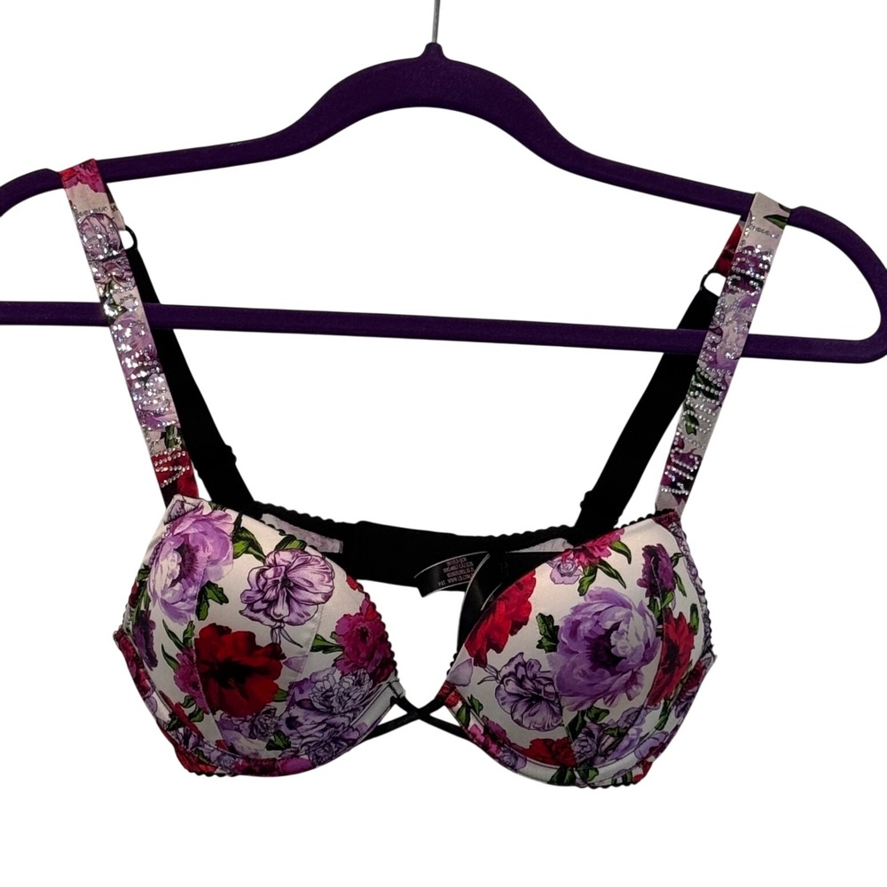 Victoria's Secret Bombshell Plunge Bra 32A Floral Shine Rhinestone Logo Straps